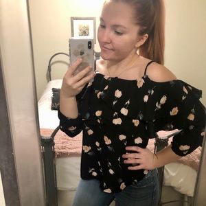 Floral black across the shoulder top